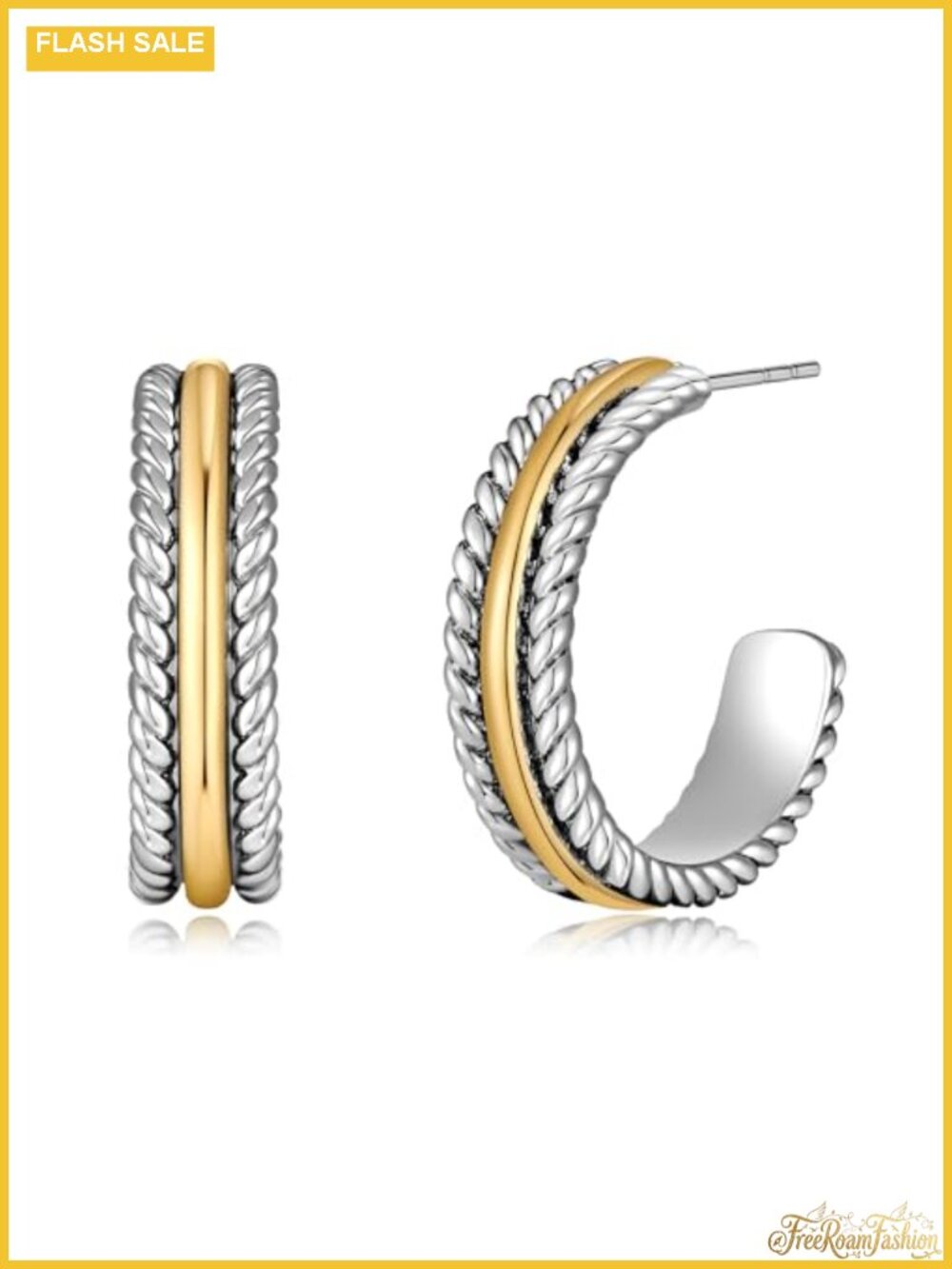 Two Tone Stud Earrings for Women Chunky C Hoop Mixed Metal Fashion Jewelry Gift